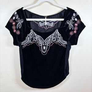 Free People Party Train Embroidered Velvet Top Black Western‎ Goth Festival Sz M